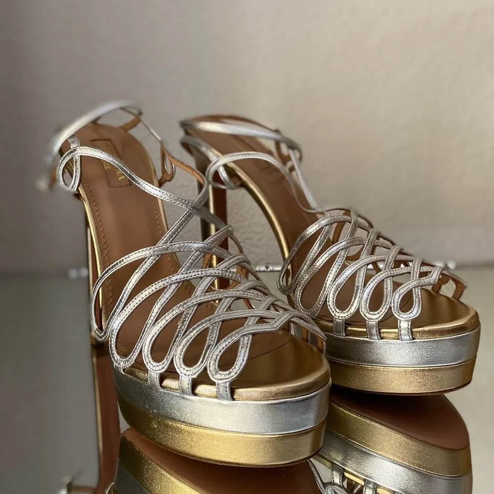 New AQUAZZURA Monroe Plateau 130 Two-Tone Metallic Leather Platform Sandals